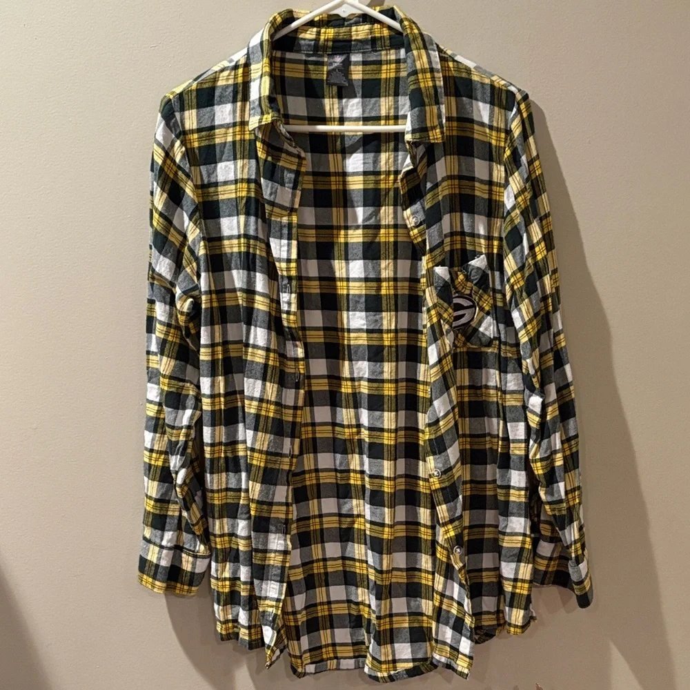 Women’s Green Bay Packers Plaid Flannel Button Down Sleep Shirt Size L - Picture 1 of 8